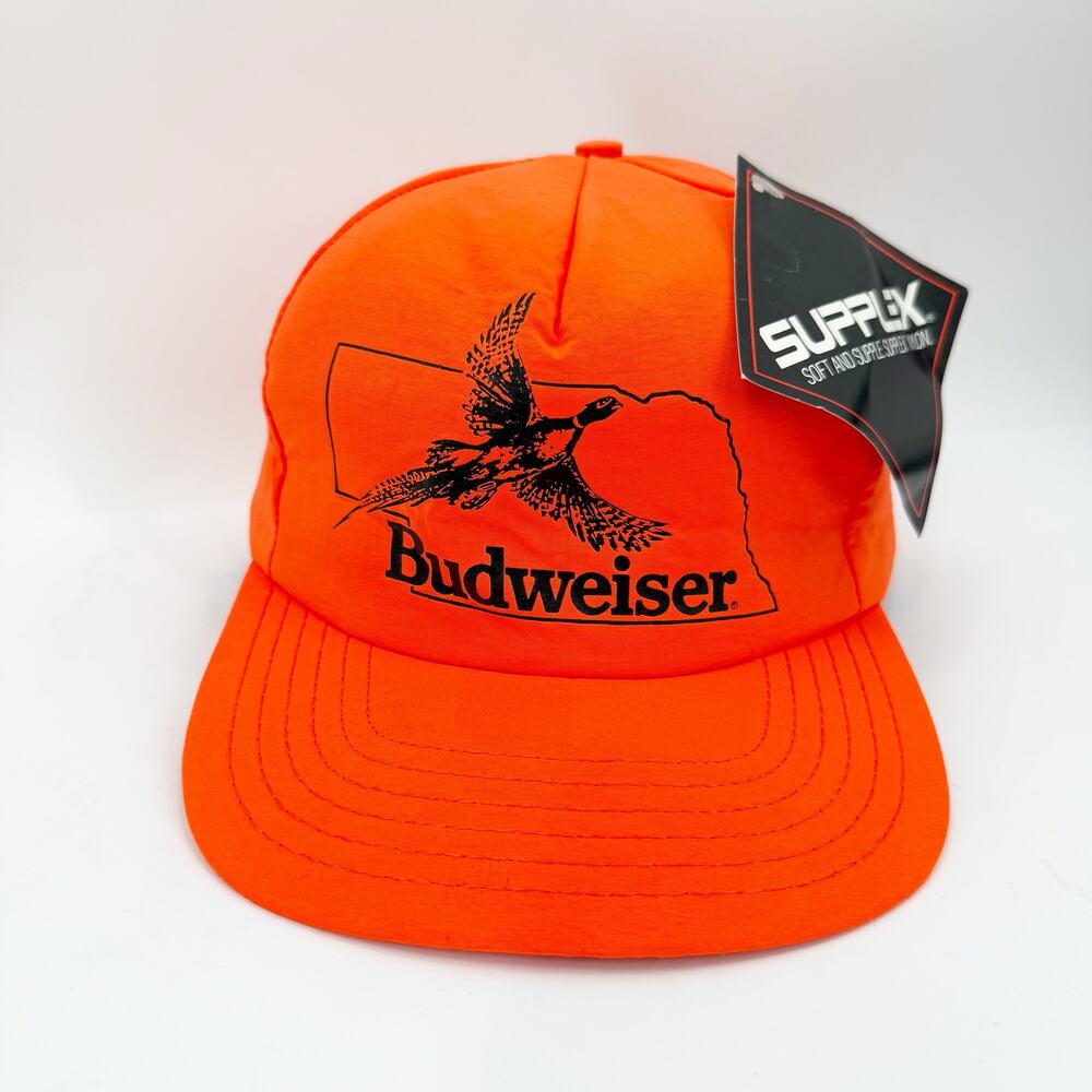 Vintage Snapback Hat Budweiser Supplex Nylon Hunting Orange Pheasant Nebraska